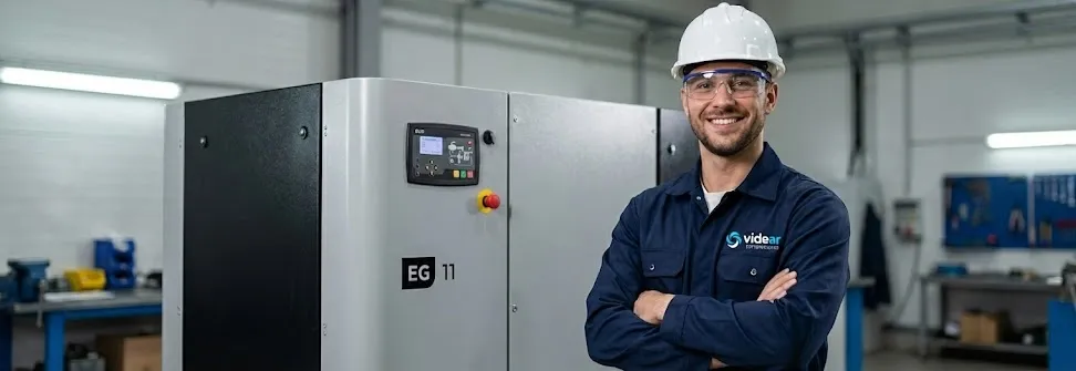 Assistência Técnica | Videar Compressores Técnico realizando manutenção preventiva e corretiva em compressor de ar industrial