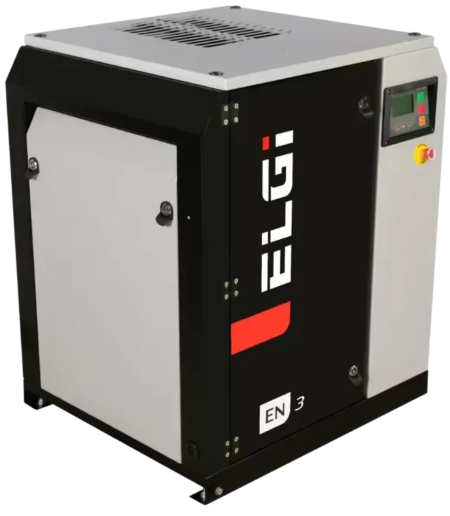 ELGi Série EN | Compressor de Parafuso com Baixo Ruído Compressor de parafuso ELGi Série EN com foco em operação silenciosa e instalação próxima ao ponto de uso.