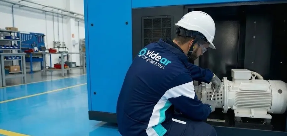 Eficiência Energética | Videar Compressores Equipe técnica da Videar destacando eficiência energética em sistemas de ar comprimido